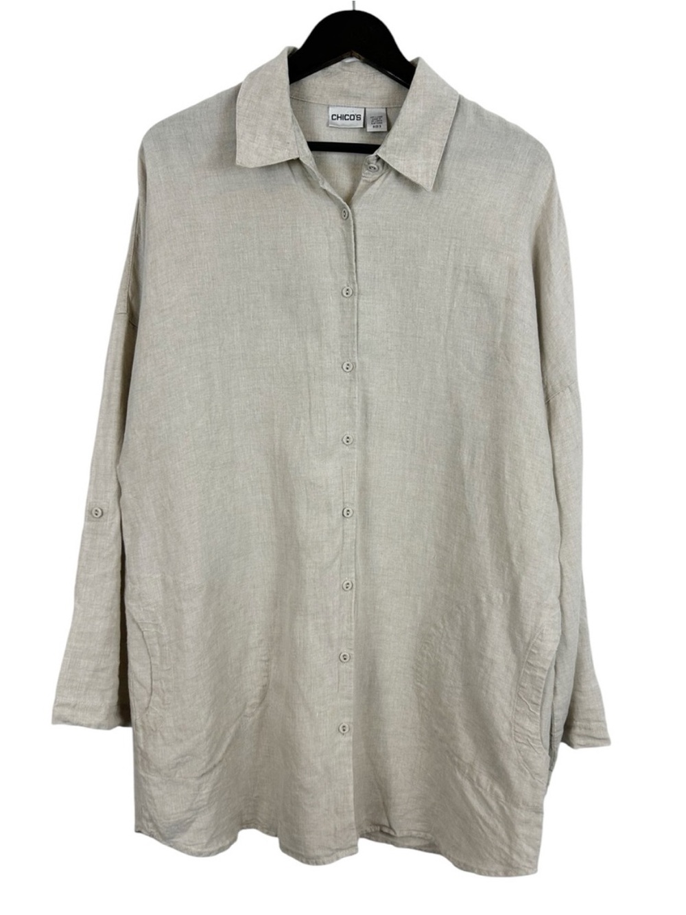 Chico's 100% Linen Button Down Tunic Top Women's Size 3 / XL